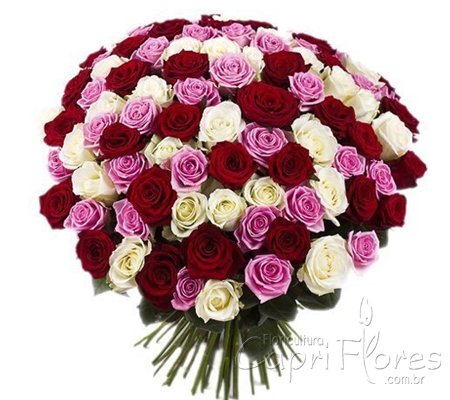 ♥ Buquê de Rosas Lilás, Rosas Brancas e Rosas Vermelhas