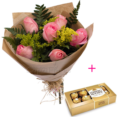 ♥ Buquê Meia Dúzia de Rosa Cor de Rosa + Ferrero Rocher