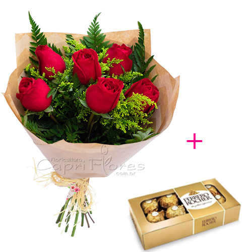 ♥ Buquê com Meia Dúzia de Rosas Vermelhas + Ferrero Rocher