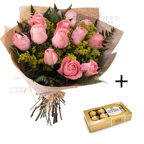 ♥ PROMOÇÃOOO!! Buquê com 10 Rosas Cor de Rosa + Ferrero Rocher